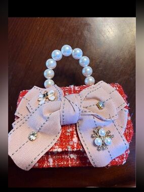Pink Bow & Pearl-Handle Tweed Mini Handbag NWOT